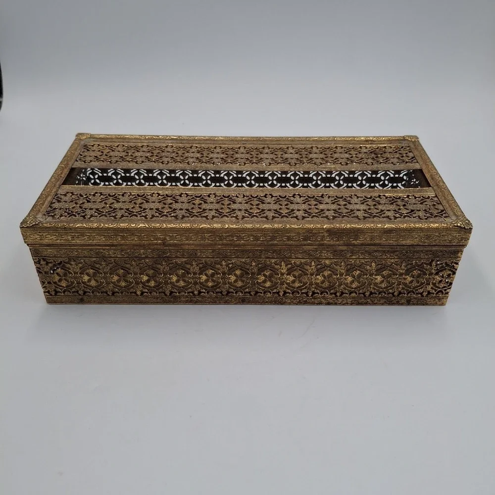 Vtg Brass Filigree Tissue Box Cover Holder Hollywood Regency Gold Ornate Metal